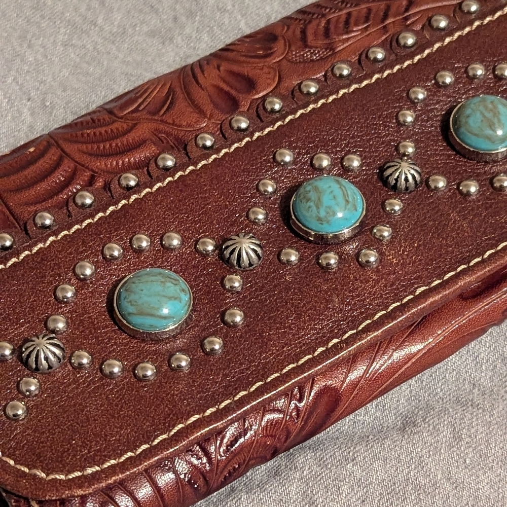 American West Brown Leather Shoulder Bag with Turquoise Accents - Picture 3 of 14